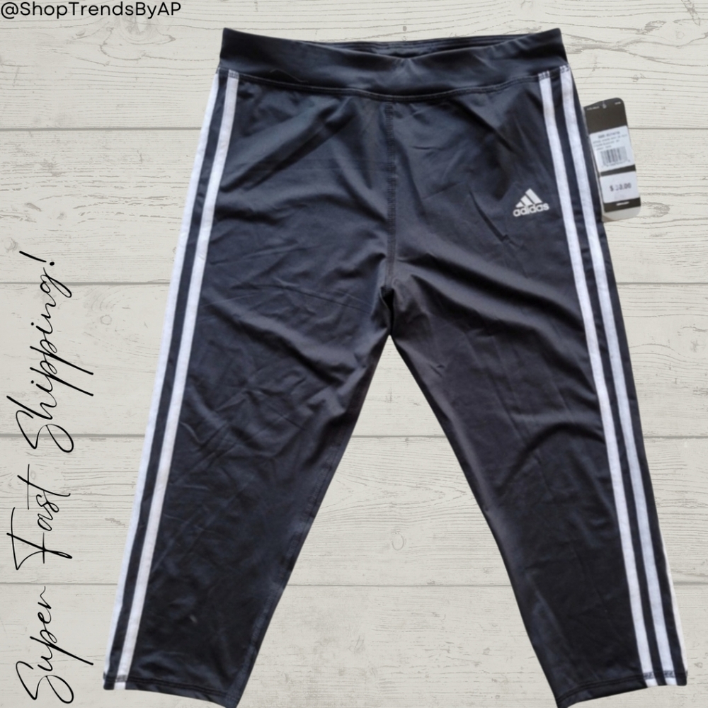 adidas Black and White Girls' 3-Stripe Capri Leggings
